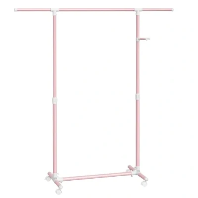 Abbildung von SONGMICS Kleiderständer auf Rollen, Kleiderstange, höhenverstellbar zwischen 97 und 165 cm, ausziehbare Garderobenstange, Garderobenständer, seitliche Haken für Accessoires, pastellrosa LLR001R02