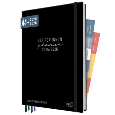 Abbildung von Häfft® Lehrer Planer 2025/2026 A4 + &quot;Black Edition&quot; Hardcover Lehrerkalender mit Wochenkalendarium, 226 Seiten, Stickern und mehr nachhaltig &amp; klimafreundlich