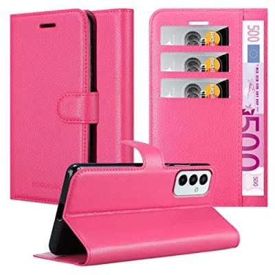 Abbildung von Cadorabo Hülle kompatibel mit Samsung Galaxy M23 5G Handyhülle aus Premium Kunst Leder Flip Klappbare Stoßfeste Magnetische [Standfunktion] [Kartenfächern] Cover für Tasche in Pink