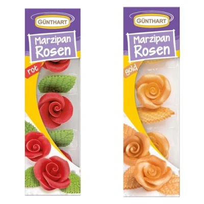 Abbildung von Günthart BackDecor 6 Marzipan Rosen SET in Gold und Rot mit Blättern aus Marzipan, jeweils 3 Blätter, 2er Pack (1 x 66 gr)