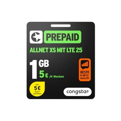 Abbildung von congstar Prepaid ALLNET XS SIM Karte ohne Vertrag 1 GB im D Netz Qualität für Wenigsurfer I 5G mit 25 Mbit/s, 5 Startguthaben, Telefon &amp; SMS Flat in alle dt. Netze, EU Roaming inkl., Vertrag.