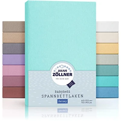 Abbildung von Julius Zöllner Jersey Spannbettlaken für Baby &amp; Kinderbett, 100% Baumwolle, OEKO TEX Standard 100 zertifiziert, Größe: 60x120cm / 70x140cm, 2er Pack, mint