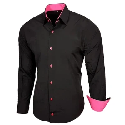Abbildung von Baxboy Herren Hemd Slim Fit Bügelleicht für Anzug, Business, Hochzeit, Freizeit Langarm Hemden Männer Langarmhemd R 44, Farbe:Schwarz/Pink, Größe:2XL