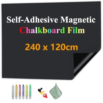 Abbildung von JOMUSAGA Tafelfolie Magnetisch Selbstklebend, 240 x 120 cm Magnetfolie, Abwischbar Kreidefolie, Magnettafel Folie Kind Wand für Haus Büro Schule, mit Wasserbasierende Kreidemarkern&amp; Magnete &amp; Tuche