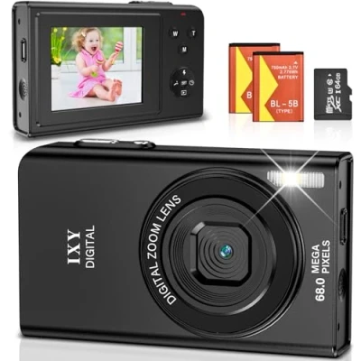 Abbildung von Digitalkamera, 68MP 4K Fotokamera mit Autofokus 16X Digitalzoom Fotoapparat, 2.4&quot; LCD Bildschirm Kompaktkamera Tragbare Digital Kamera 64GB SD Karte für Teenager Erwachsene Anfänger (Schwarz)