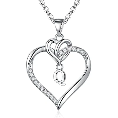 Abbildung von TINGN Halskette Damen Kette mit Buchstaben, 14K Weißgold Vergoldet Mädchen Ketten CZ Herz Anhänger Initiale Buchstaben Q Silber Geschenke Schmuck