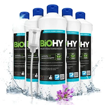 Abbildung von BiOHY Profi Fensterreiniger (6 x 1 Liter) + Dosierer Glasreiniger Konzentrat für Fenstersauger geeignet streifenfreie Reinigung von Glas , Fenster &amp; Spiegelflächen ideal Haushalt Auto