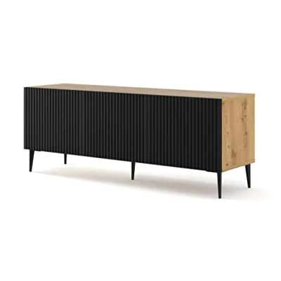 Abbildung von BIM Furniture TV Schrank Ravenna B 150 cm 3D mit gefräster Front Hochwertiges MDF Metallbeine Lowboard Sideboard Kommode Fernsehtisch (Eiche Artisan/schwarz matt, Schwarze Beine)
