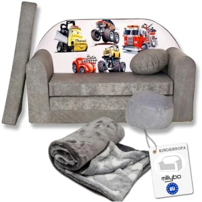 Abbildung von millybo Kindersofa Kinder Couch mit Schlaffunktion ausklappbar 3in1 Sofa Spielsofa Bettfunktion Mädchen Jungen Sitzsack Minisofa Schlafsofa Kinderzimmer Schlafsessel Grau A14