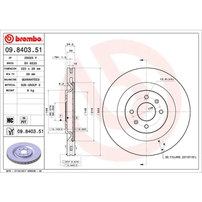 Abbildung von BREMBO COATED DISC LINE 09.8403.51 Bremsscheibe 323 28 4 innenbelüftet beschichtet hochgekohlt PEUGEOT: 208 I Schrägheck, CITROËN: DS3 Schrägheck