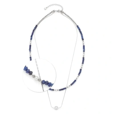 Abbildung von JEWELS BY LEONARDO Halskette Anjana, kurze Kette aus silberfarbenem Edelstahl, aufgereihte Glasperlen in dunklen blau tönen und weißen Imitationsperlen, 45 50 cm Länge, Schmuck Geschenk, 024311