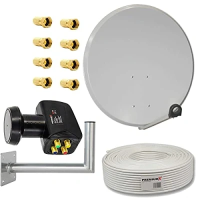 Abbildung von Premium X Satelliten Komplettanlage 80cm Satellitenschüssel Hellgrau SAT Quad LNB 4 Teilnehmer Kabel 50m Stecker Wandhalter 45cm