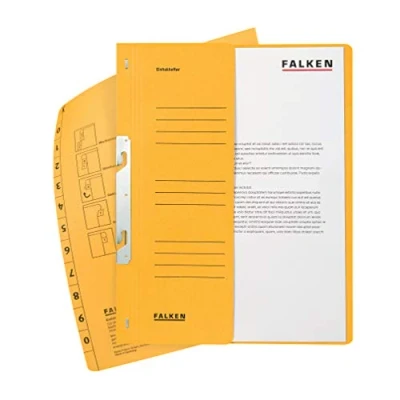 Abbildung von Original Falken 50er Pack Einhakhefter. Made in Germany. Aus Recycling Karton mit halbem Vorderdeckel und kfm. Heftung für DIN A4 gelb Hefter Sammelmappe Dokumentenmappe
