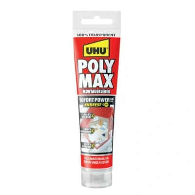 Abbildung von UHU POLY MAX Montagekleber 10 SEK SOFORT POWER Tube, Universeller, glasklarer und Dichtungsmasse mit hoher Anfangshaftung schnellem Festigkeitszuwachs. transparent 115g.