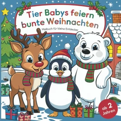 Abbildung von Tier Babys feiern bunte Weihnachten, Malbuch für kleine Entdecker ab 2 Jahren