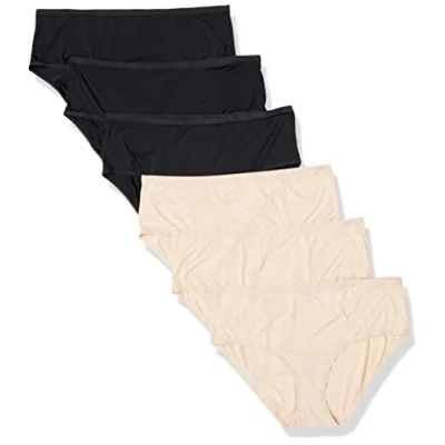 Abbildung von Amazon Essentials Damen Unterwäsche mit mittelhohem Bund (in Übergröße erhältlich), 6er Pack, Helles Blütenblatt/Schwarz, 3XL Große Größen