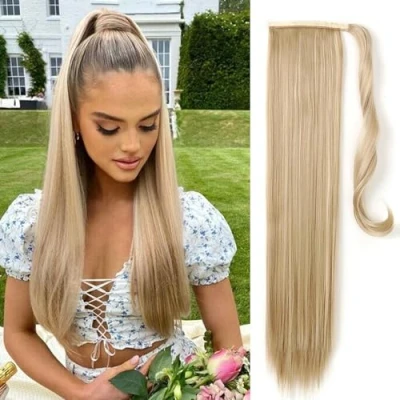 Abbildung von 85CM Lang Glattes Pferdeschwanz Haarteil Synthetik Haarverlängerung Zopf Haar Extension für Damen Mädchen (Leinengrau)