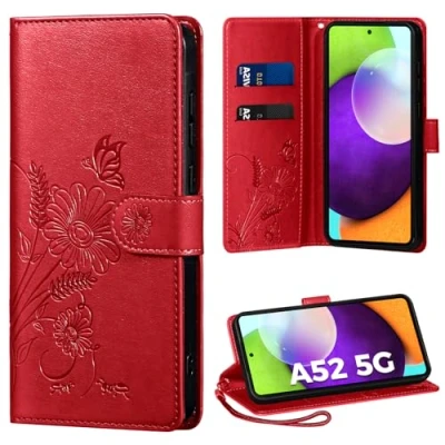 Abbildung von Handyhülle für Samsung Galaxy A52/A52S 4G/5G, Hülle PU Lederhülle Tasche Flip Case Kartensteckplätzen Schutzhülle Klapphülle Kompatibel mit A52 5G Hülle, Rot