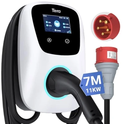 Abbildung von Tera EV Ladegerät Typ 2 22KW Heim Ladestation 32A 400V CE&amp;TÜV Wallbox 7 Meter Ladekabel mit Ladegerätehalter App Steuerung CEE 3 Phasen Stecker für Alle und PHEVs W01 Weiß