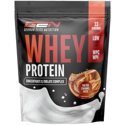 Abbildung von Whey Protein Pulver 1000 g (Salted Caramel) mit Isolate Anteil Instant lösliches Eiweiss BCAA &amp; EAA German Elite Nutrition