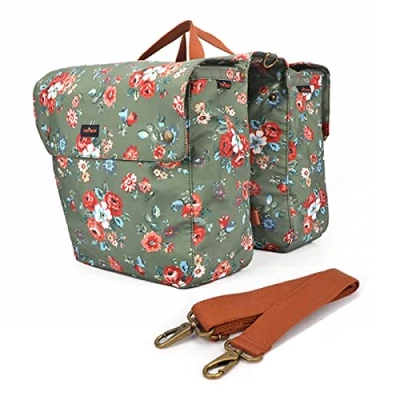 Abbildung von Tourbn Leinwand Fahrrad Rücksitz Tragetasche Gepäck Aufbewahrungstasche Radfahren Doppel aufrollbare Gepäcktasche Rücktasche (Blumenmuster), Green, 33 * 12.5 30cm