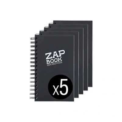 Abbildung von Clairefontaine 8362C Packung mit 5 Blöcken Zap Book, Spiralbindung, ideal zum Skizzieren und Zeichen, 80 Blatt, 100% Recyclyng Papier, DIN A6 10,5x14,8 cm 80g, Schwarz, 1 Pack