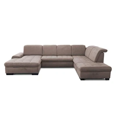 Abbildung von CAVADORE Wohnlandschaft Lexi / Große U Form mit XXL Longchair links und Kopfteilverstellung Leichte Fleckenentfernung dank Soft Clean 329 x 82 99 224 Flachgewebe: Hellbraun