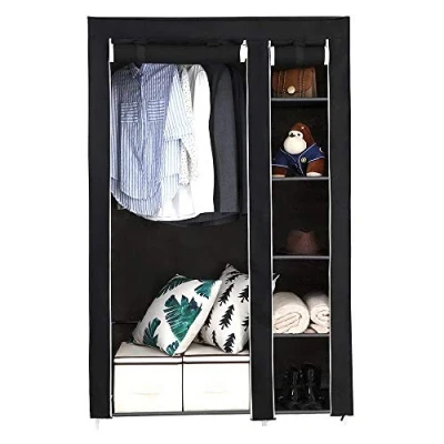 Abbildung von LEADZM Kleiderschrank, Faltschrank Stoffschrank Faltbare Garderobe Canvas mit Reißverschluss, Fächern, für Schlafzimmer, Wohnzimmer (Schwarz, 110 x 45 175 cm)