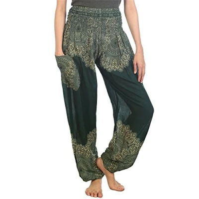 Abbildung von Lofbaz Damen Haremshose mit gesmoktem Boho Hosen Floral Grün Size M