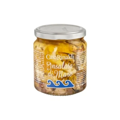 Abbildung von Casa Rinaldi Meeresfrüchtesalat, intensiver Geschmack von Meeresfrüchten und Krebstieren, auf der Basis Sonnenblumenkernöl, Essig Knoblauch, 280 g Glas
