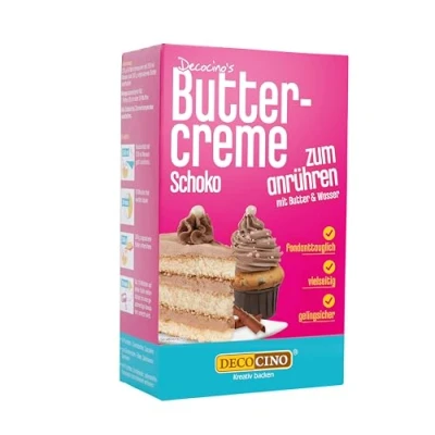 Abbildung von DECOCINO Schoko Buttercreme Fertigmischung 250gr, zum Einstreichen, Füllen und Garnieren, ideal für Cupcakes, Creme Fondant Torten