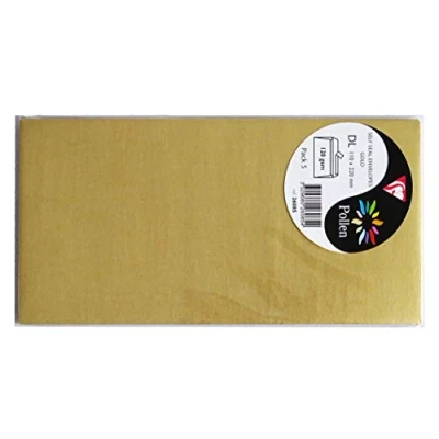 Abbildung von Clairefontaine 26085C Packung mit 5 Umschlägen Pollen, selbstklebend, Format DL 11x22 cm, Premium glattes Papier 120g, ideal für Ihre Einladungen und Korrespondenz, Gold, 1 Pack
