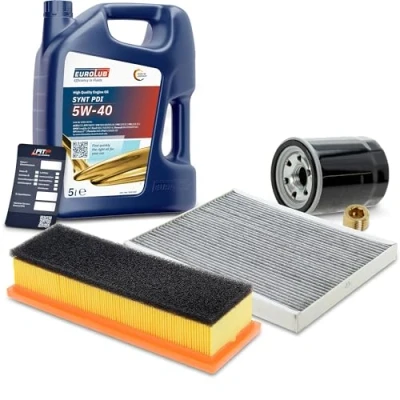 Abbildung von BESTPRICE Inspektionspaket Filterset mit 1x Ölfilter; Luftfilter; Innenraumfilter (Aktivkohle); Ölablassschraube; Motoröl 5W 40 EUROLUB SYNT PDI SAE 5 l