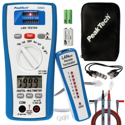 Abbildung von PeakTech 3365 LAN Tester &amp; Digital Multimeter, Netzwerkprüfgerät, Spannungsprüfer, Handmultimeter, Kabeltester, Messung, Spannungsmesser, Durchgangsprüfer, Messgerät, Erdungskabel 600 V P