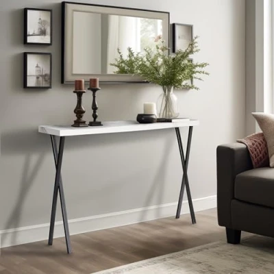 Abbildung von Wohnando Konsolentisch schmal weiß Mamor Optik Sideboard Apollo, 100x25x80cm, Flurtisch weißes Mamordekor und Metall Füße