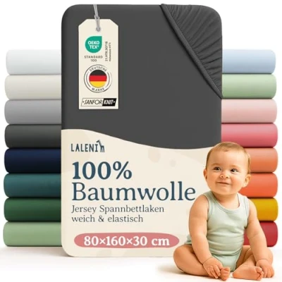 Abbildung von Laleni Jersey Spannbettlaken 80x160 cm Babybett Oeko TEX zertifiziertes Hausbett Kinder Bezug aus 100% Baumwolle für Babynest in Anthrazit