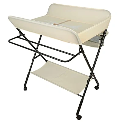 Abbildung von Wickeltisch faltbar, mit Aufbewahrungskorb an der Seite, Struktur aus Eisen, max. Belastung 25 kg, für Neugeborene, ergonomisches Design, Wickeltisch, faltbar und tragbar, 80 x 66 98 cm (beige)
