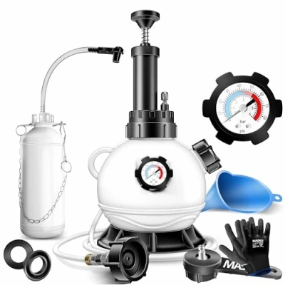 Abbildung von MASKO® Bremsenentlüftungsgerät Auto Bremsentlüfter KFZ Bremsflüssigkeits Wechselgerät 2L für Scheibenbremsen &amp; Trommelbremsen mit Handpumpe 1L Absaugbehälter E20, Adapter, Schlauch Zubehör