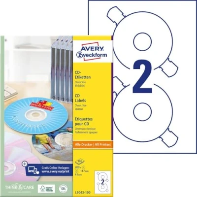 Abbildung von AVERY Zweckform L6043 100 selbstklebende CD Etiketten (200 blickdichte Aufkleber, Ø 117mm auf A4, ClassicSize, Papier matt, bedruckbare Klebeetiketten für alle A4 Drucker) Blatt, weiß