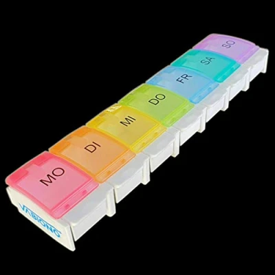 Abbildung von VABIONO Pillendose Tablettenbox Medikamentenbox Pillenbox Wochendosierer DESIGN (Dosierbox, 1 St., Medikamentenbox), verschiedene Farben für jeden Wochentag