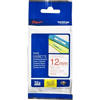 Abbildung von Brother Original P touch Schriftband TZe 232 12 mm, rot auf weiß (kompatibel u.a. mit PT H100LB/R, H105, E100/VP, D200/BW/VP, D210/VP), TZE232, mm x 8 m