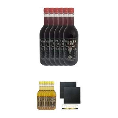 Abbildung von Wacken Blut 6 x 0,75 Liter + Met Schiefer Glasuntersetzer eckig ca. 9,5 cm Ø 2 Stück
