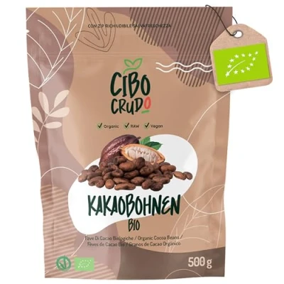 Abbildung von Kakaobohnen Roh Bio 500g. Rohe Ungeröstet zum Essen aus Guatemala. Raw Cacao Beans Kakao Bohne Ganze Sorte Criollo. Bbiologischer Anbau.