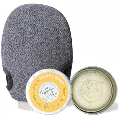 Abbildung von Bee Nature Peeling Handschuh Grau &amp; Seife Stück mit Seifenschale Bio Honig Feuchtigkeitsspendend und Weichmachend Lindert Akne Ekzeme für Alle Hauttypen Geeignet 100g