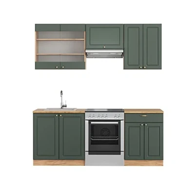 Abbildung von Vicco Küchenzeile Fame Line, Grün Gold Landhaus/Goldkraft Eiche, 200 cm ohne Arbeitsplatte