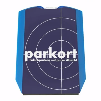 Abbildung von Parkort Parkscheibe mit witziger Krimi Parodie als Motiv und 2 Einkaufswagenchips Falschparken purer Absicht lustig zum Einkaufen dem Auto Shoppen Vorderseite gemäß StVO