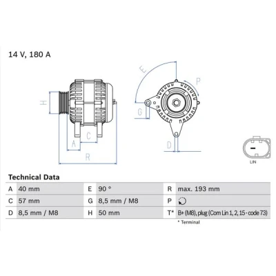 Abbildung von BOSCH 0 986 083 850 Lichtmaschine 14V 180A VOLKSWAGEN: CADDY 4 Kombi, Transporter 5 Bus, Kastenwagen, SKODA: Octavia 3 Combi, Yeti