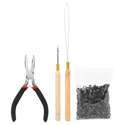 Abbildung von Haarverlängerungsset mit Zange, Set Zöpfen, Nadel Haken dt Mikroringe aus Silikon, ideal für Haarverlängerungen und Federn (schwarz)