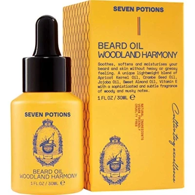 Abbildung von Seven Potions Premium Bartöl für Männer Jojobaöl Bartweichmacher zur Pflege von Haut, Haar und gegen Bartjucken rein natürlich, vegan, frei Tierquälerei Woodland Harmony