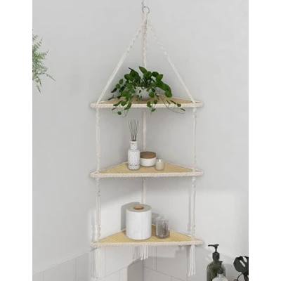 Abbildung von Mazjoaru hängeregal Holz Eckregal weiß wandregal Boho Makramee wandbehang Regal Wanddeko schweberegal schwimmende Pflanzenständer für küche Schlafzimmer Wohnzimmer, 3 Tier